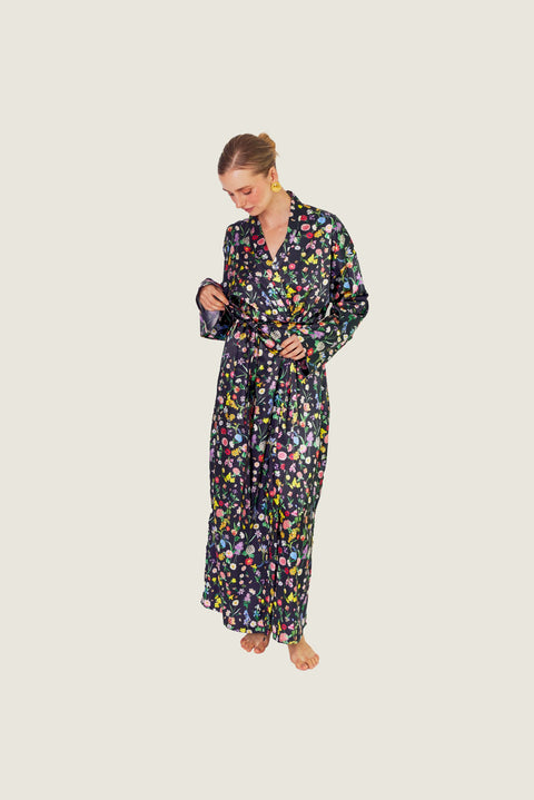 BLACK NIGHTFALL FLORAL ROBE