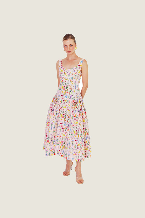 PINK FLORAL DAWN MIDI DRESS