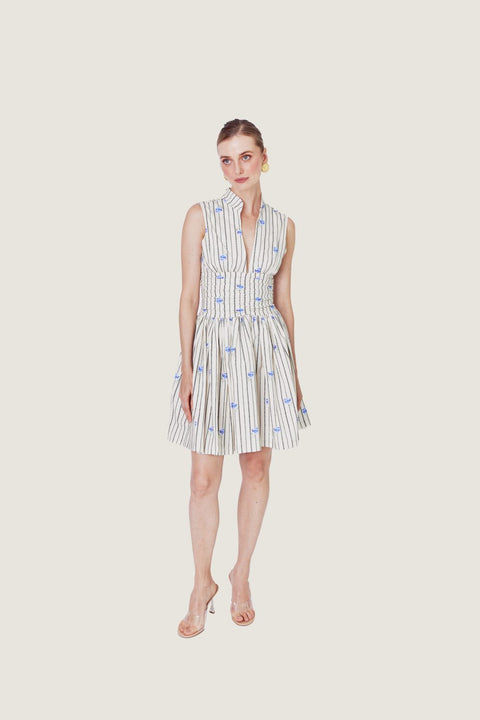 IVORY & BLUE STRIPED BLOOM DRESS