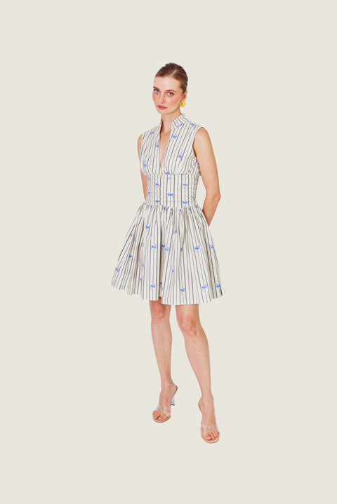 IVORY & BLUE STRIPED BLOOM DRESS
