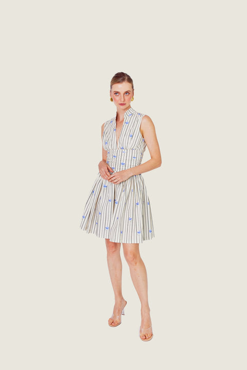 IVORY & BLUE STRIPED BLOOM DRESS