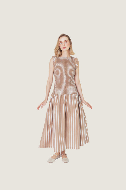 RUCHED CHESTNUT STRIPE MIDI DRESS