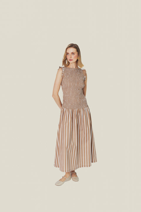 RUCHED CHESTNUT STRIPE MIDI DRESS