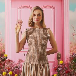 RUCHED CHESTNUT STRIPE MIDI DRESS