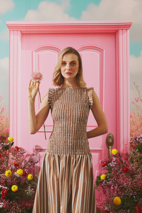 RUCHED CHESTNUT STRIPE MIDI DRESS