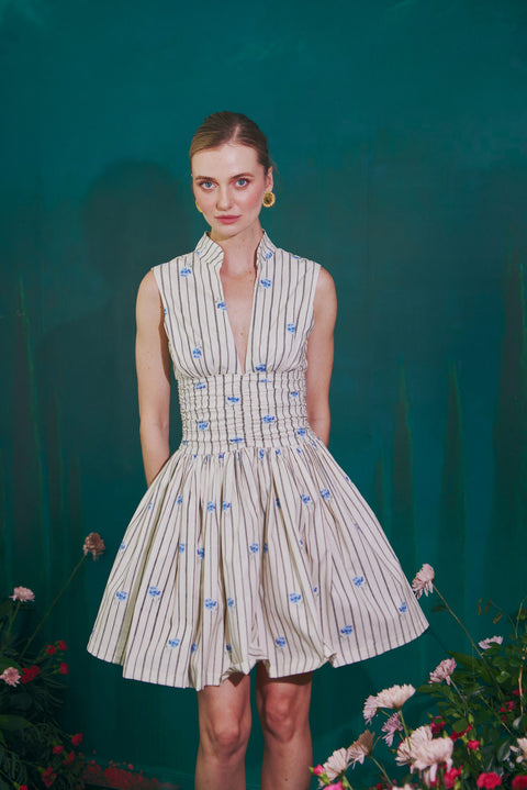 IVORY & BLUE STRIPED BLOOM DRESS